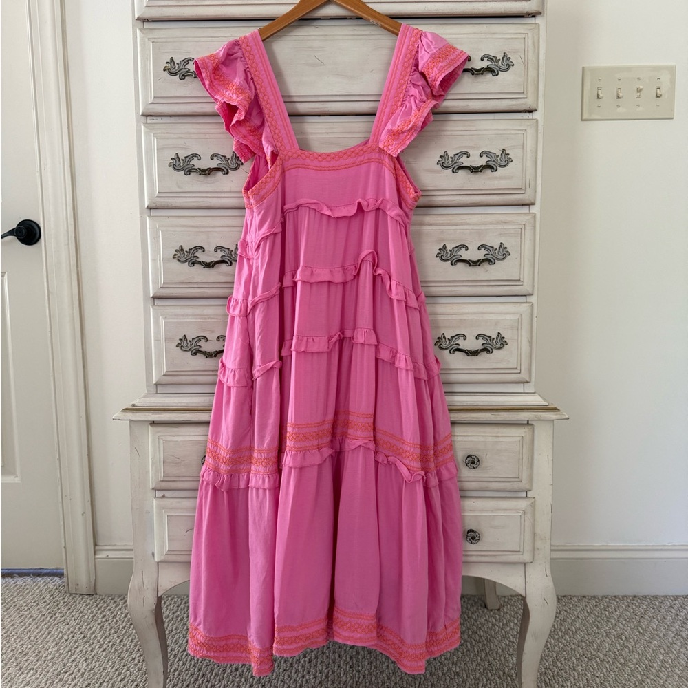 Pink Boho Embroidered Tiered Ruffle Dress - Picture 3 of 7